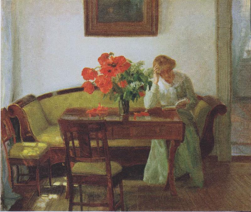 Interior with poppies and reading woman, Anna Ancher